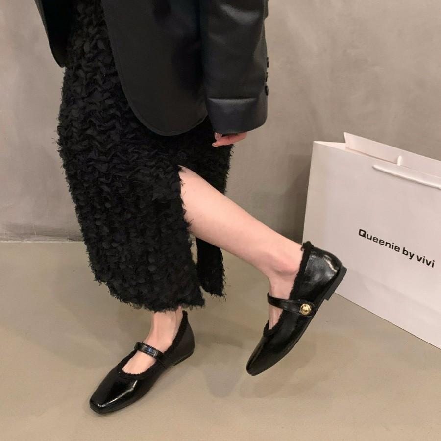 Flat Autumn and Winter Plush Cotton Shoes Single Shoes Women's Shoes 2025 New Square Head Black Mary Jane Evening Shoes