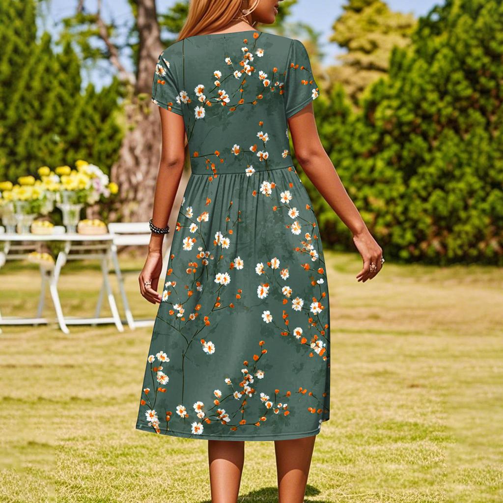 Women's Fashion Casual Loose Floral Print Round Neck Pocket Short Sleeve Dress