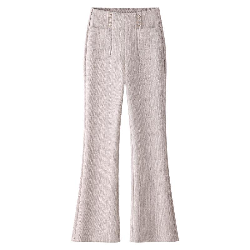 Women's High-Waist Khaki Wool Blend Flared Pants - 2024 Autumn/Winter Style