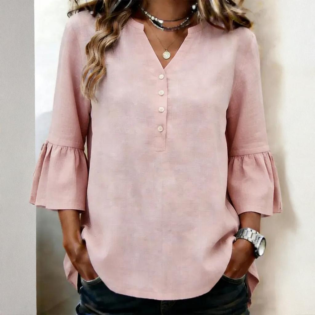 Women's Casual Solid Color Blouse Button Down V Neck 3/4 Sleeve Loose Fit Lightweight Top for Summer Work Office and Everyday Wear