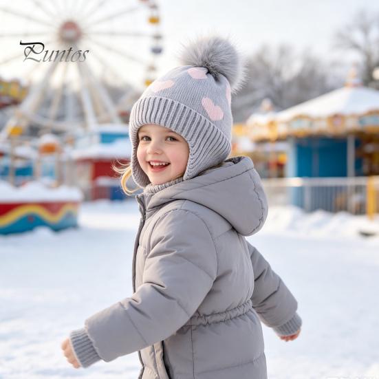 Elastic Ear Protection Cap Kids Winter Knit Hat, Warm Soft Cute Pompom Cozy Gift for Children Heart Pattern, Earflap Hat Boys Girls Toddlers Pom