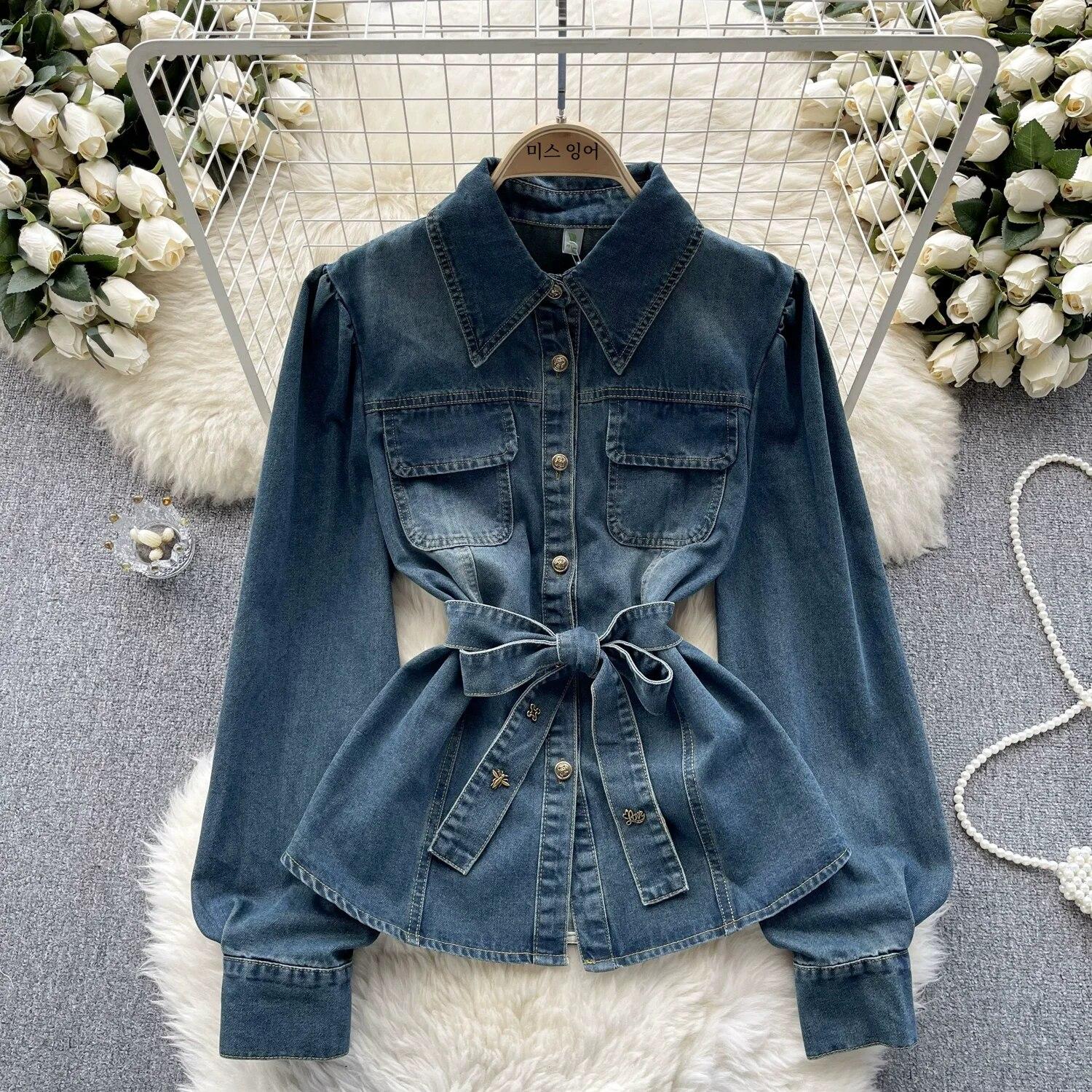 

Женская рубашка в стиле ретро со шнуровкой на талии, облегающая рубашка с длинными рукавами, темпераментная верхняя одежда, европейские товары, популярное One Size синий