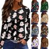 Women's Halloween Print Long Sleeve Top with Round Neck and Hem Slit