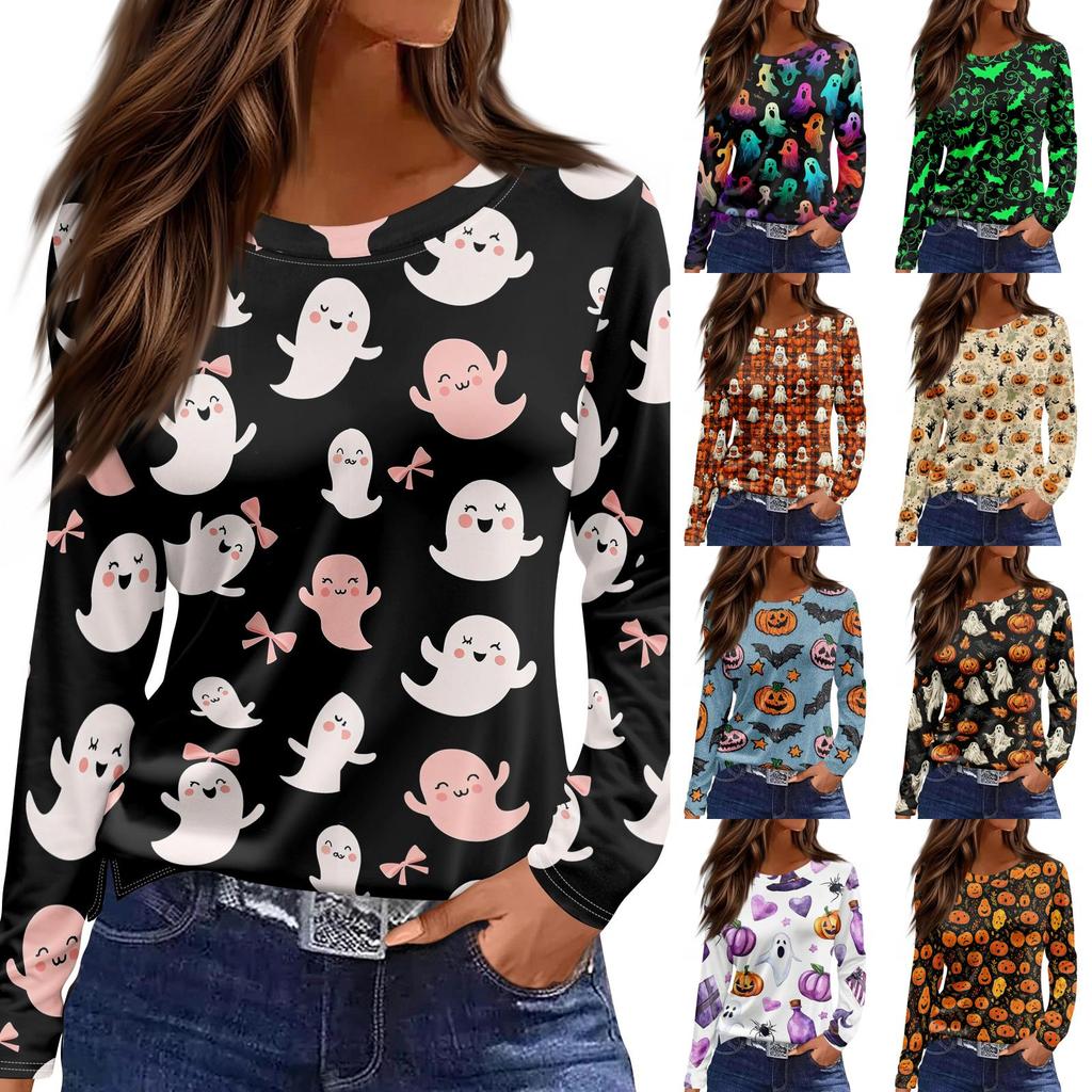 Women's Halloween Print Long Sleeve Top with Round Neck and Hem Slit