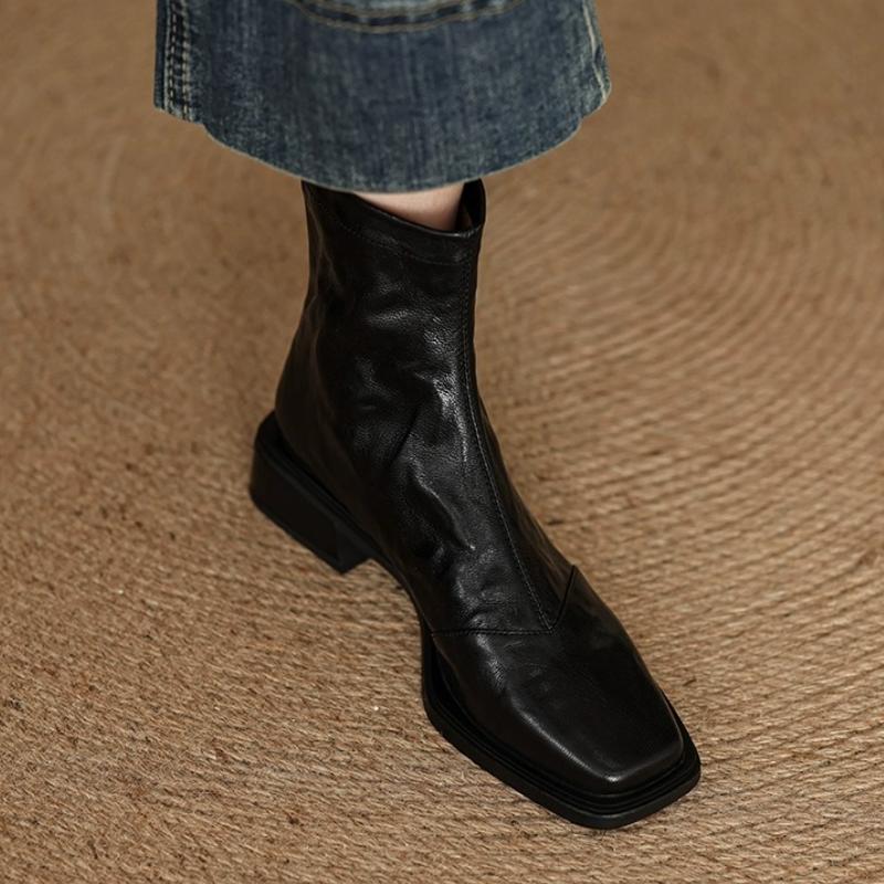 Elegant Women Ankle Boots Square Toe Heeled Shoes 2025 Trend New Chunky Fashion Boots Winter Leather Goth Woman Pumps Sexy Botas