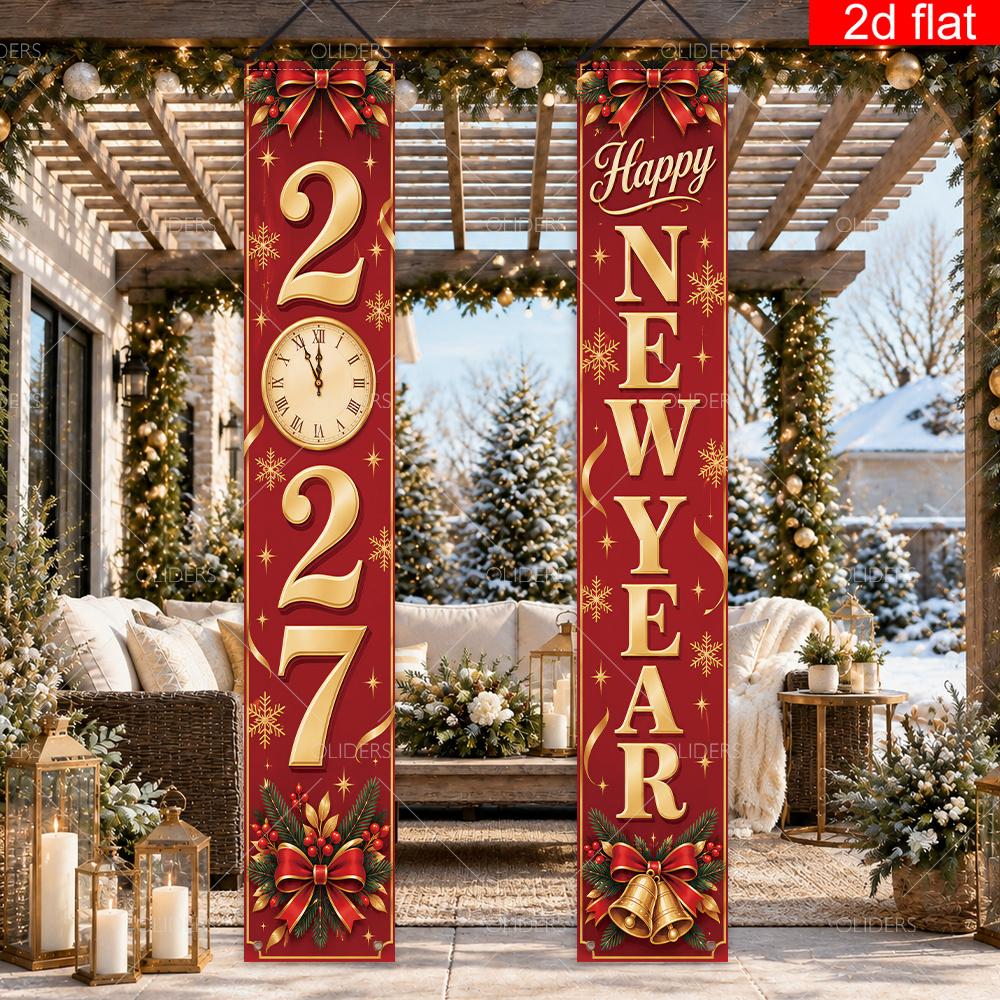 2D Flat, 2D Flat - 2D Flat, 2D Flat - 2D Flat Banner, 2pcs, "Happy New Year" Front Porch Banners (Polyester) Featuring Vintage Clock, Bow, Bell, And S