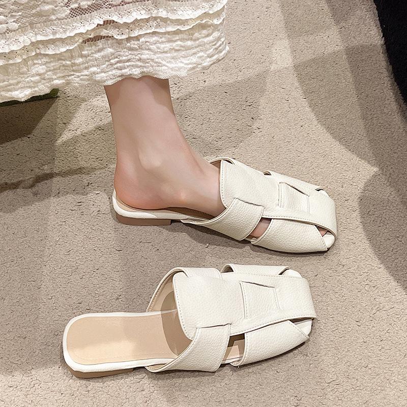 French retro woven hollow sandals women's summer outer wear bag head sandals half-mop beige flat-bottomed muller shoes slippers