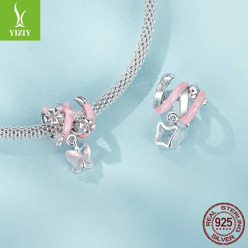 Pink Butterfly Love Flower Diy Pendant Accessories, Sweet And Elegant Butterfly S925 Sterling Silver Bracelet Beaded.
