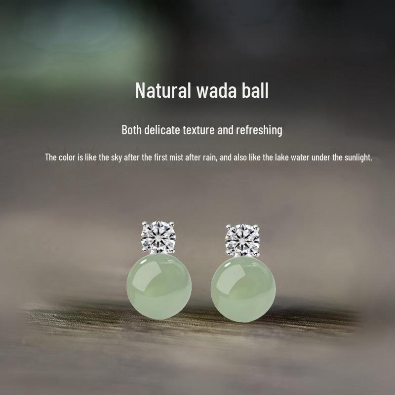 S925 Sterling Silver Needle Hetian Jade Moissanite Stud Earrings - Women's High-End Chinese Style Green Round Bead