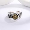 Adjustable Open Ring Men Women Vintage Sunflower Design Six Words Mantra Geometric Statement