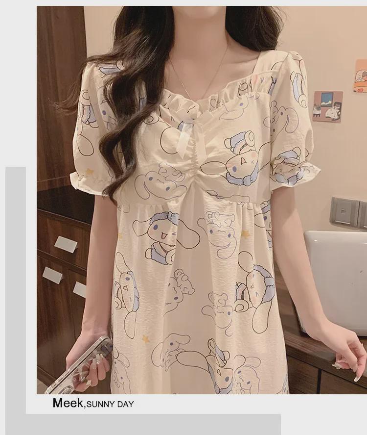 2024 Sommer-Kurzarm-Nachthemd mit Brustpolster – Niedlicher Wolken-Baumwoll-Cartoon-Prinzessinnen-Stil