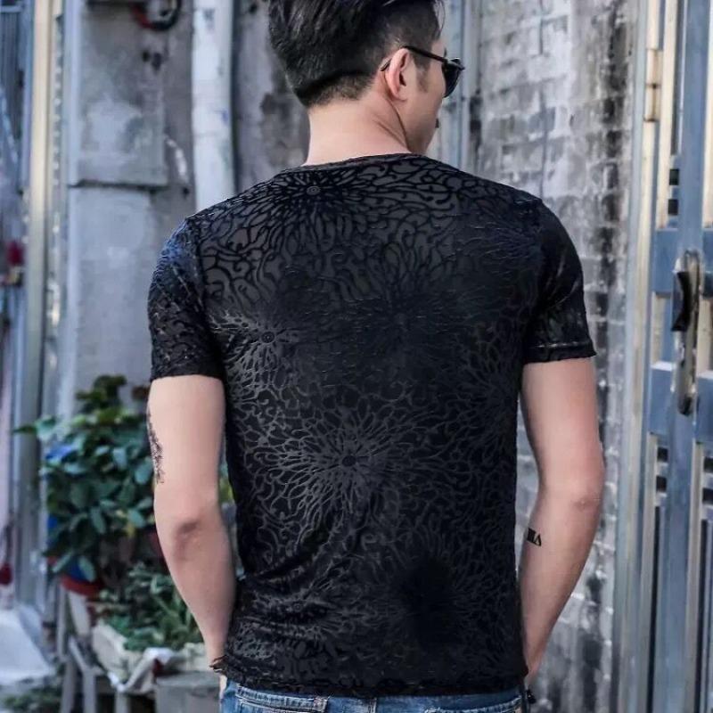 Summer  Men's Pullover Round O-Neck Mesh Ice Silk Printed Slim Fit Comfortable and Versatile Casual Short Sleeve T-shirt Top