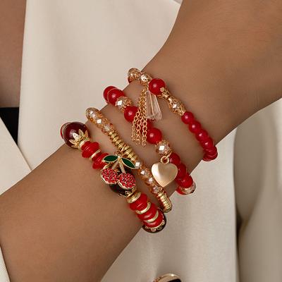 4 Exquisite and Cute Red Cherry Pendant Heart-shaped Bracelets with Multiple Layers of Stacked Glass Bead Bracelets