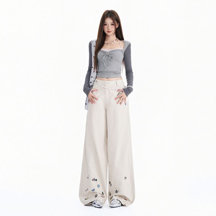 Autumn and winter new cartoon embroidered casual pants women's straight loose and versatile wide-leg scimitar pants