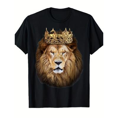 European Sizes Men'S Graphic T-Shirt - Retro Regal Design with Ornate Lion Face & Crown Print, Comfortable Casual Short Sleeve Round Neck Tee