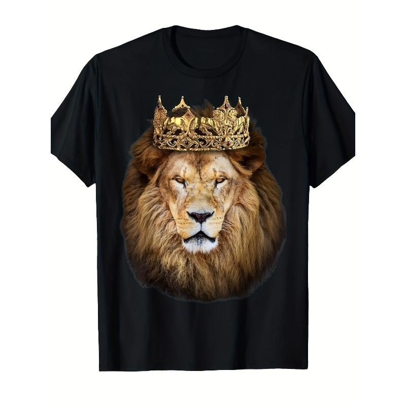 

Европейские размеры Мужская футболка с принтом - Ретро-королевский дизайн с витиеватым изображением лица льва и короны, Удобная повседневная футболка с коротким рукавом и круглым вырезом S чёрный