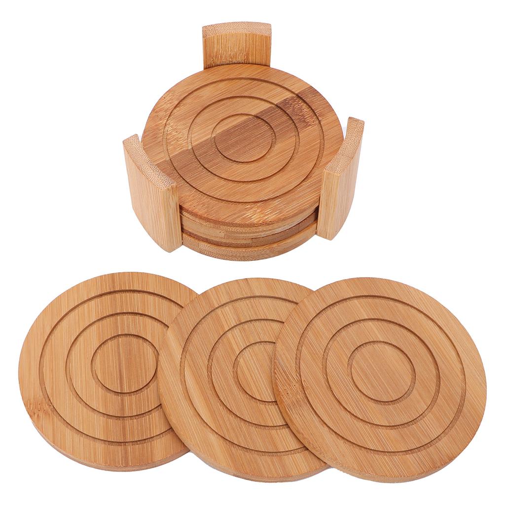6PCS Bamboo Coaster with Holder Round Cup Mats Pad for Cold Drinks and Hot Beverage Home Supply