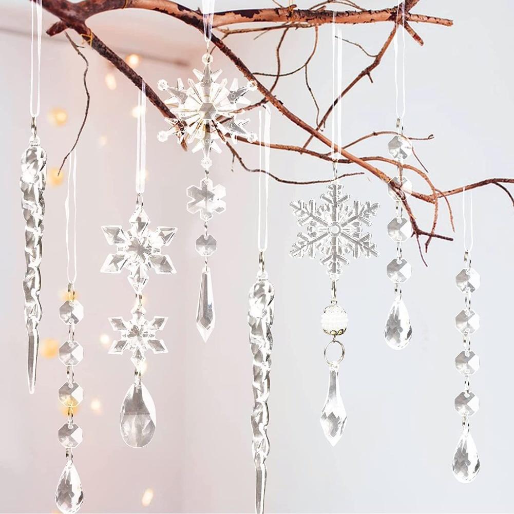 Christmas Tree Ornaments Set With Snowflake And Icicle Designs, Shatterproof Clear Acrylic Decoration Kit For Winter Weddings