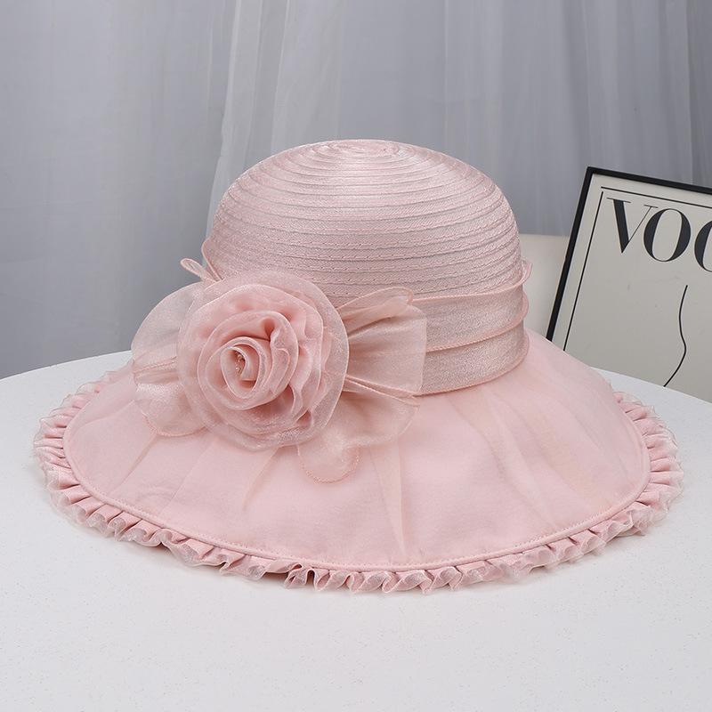 British Style Mesh Gauze Hat Spring and Summer New Women's Sunscreen Big Eaves Flower Lace Sunshade Fashionable and Elegant Top Hat