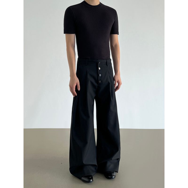 Blaexit American-Style Cleanfit Striped Black Dress Pants for Men, Straight-Leg Pleated Casual Wide-Leg Pants, A-Line Long Pants
