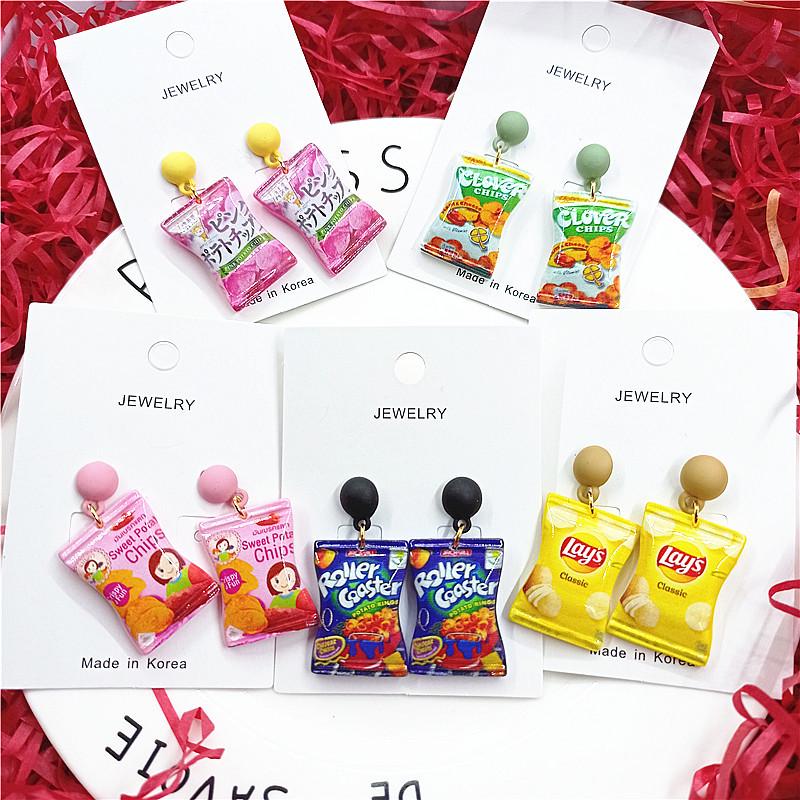 Shokugan Series Japanese Potato Chip Earrings - 925 Silver Cartoon Puffed Snacks for Women.