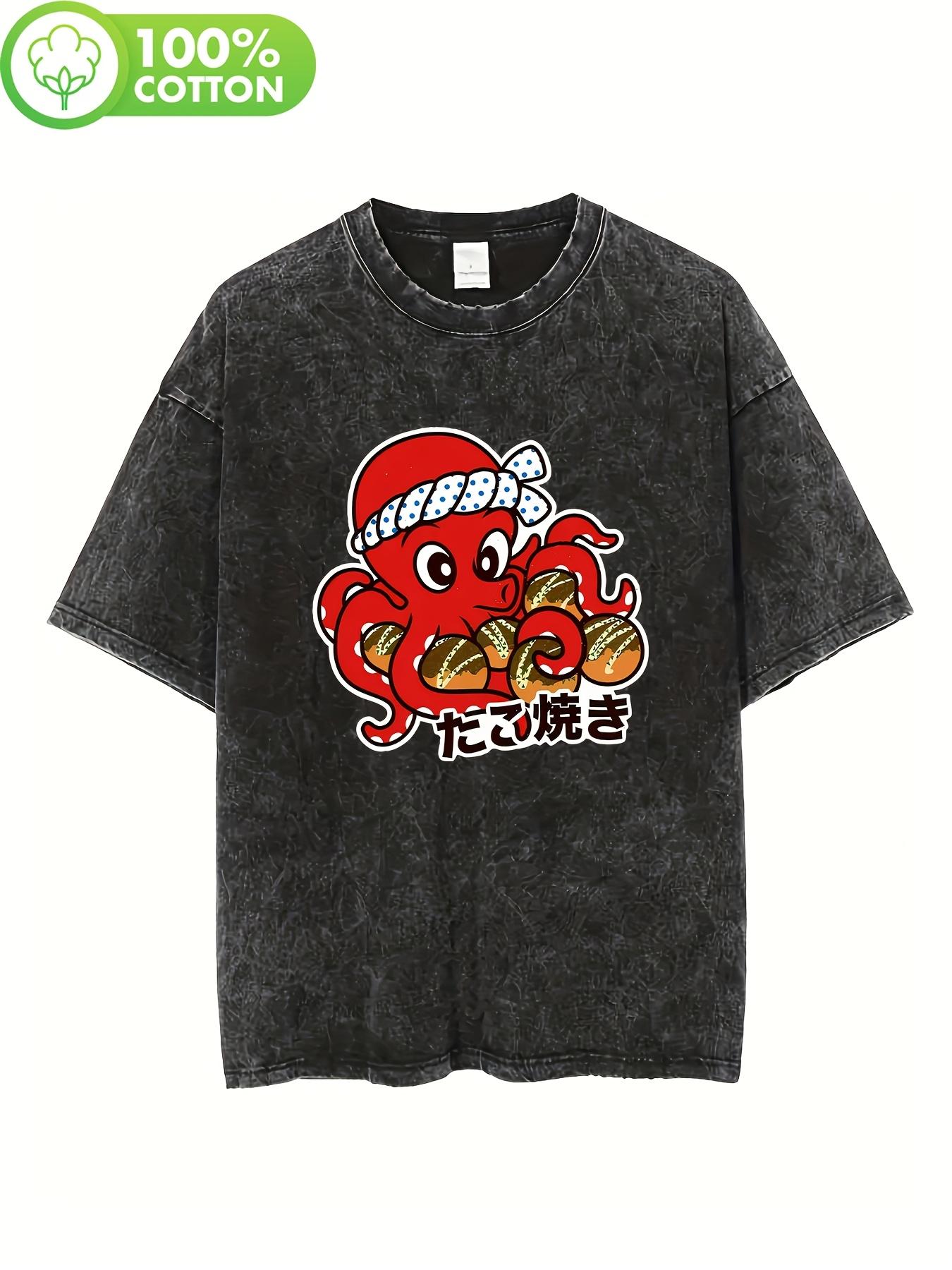 [Everyday Comfort] Women s Casual Crew Neck T-Shirt, 100% Knit Fabric, Animal Pattern, Regular Length, with Vintage Washed Octop S разноцветный