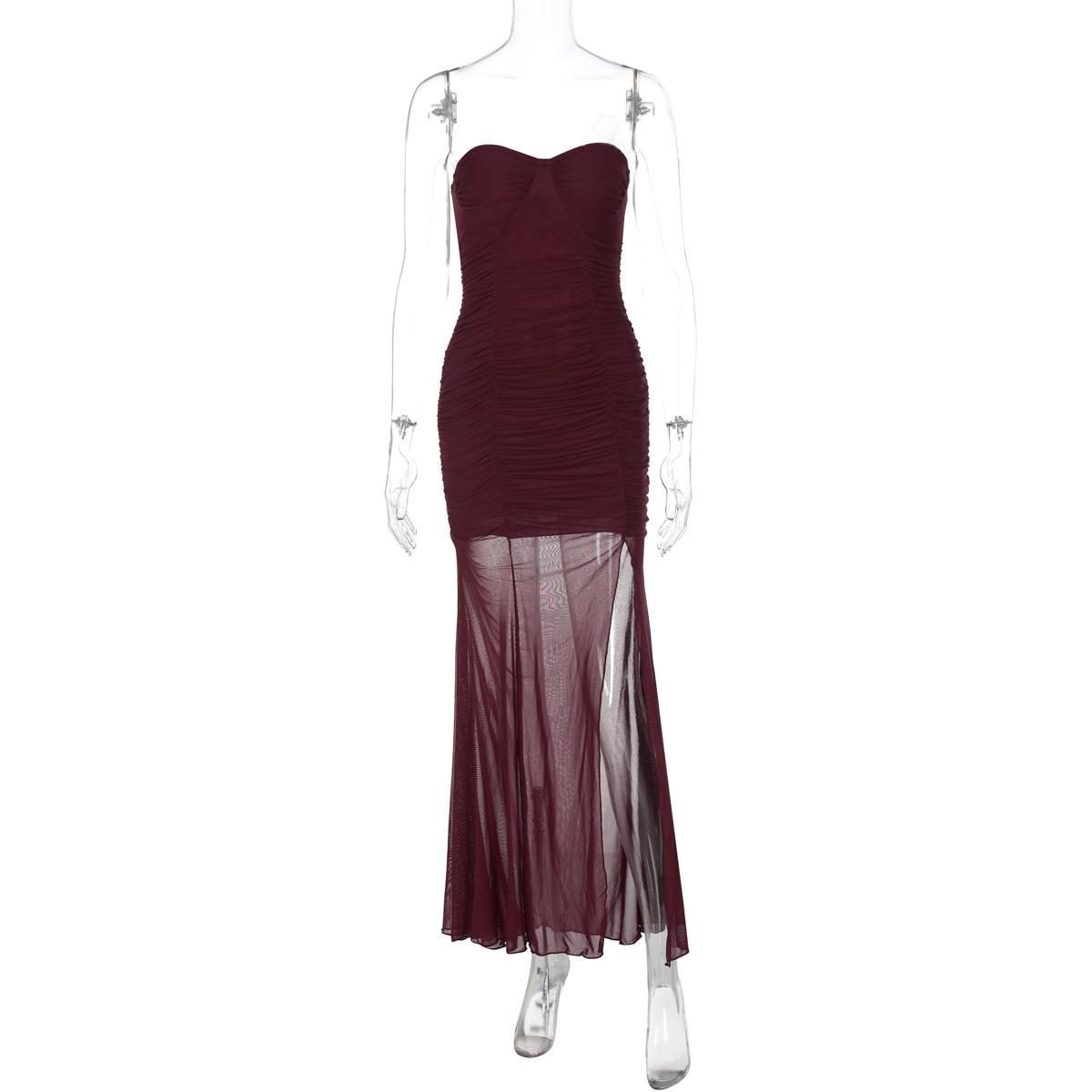 European and American mesh splicing skirt 2026 summer women s clothing new split-ended sexy tube top slim dress women S