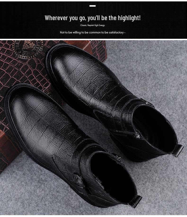 Men's British Style Mid-High Top Layer Cowhide Martin Boots, Autumn/Winter Leather, Plus Velvet, Zipper Short Boots