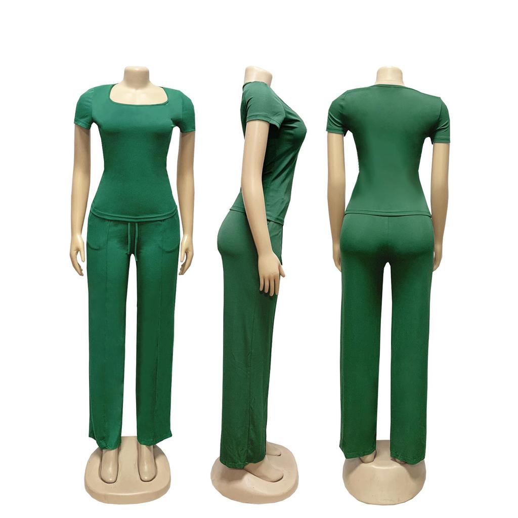 TW730 Summer Fashion Solid Color Square Neck Top & High Waist Wide Leg Pants Set