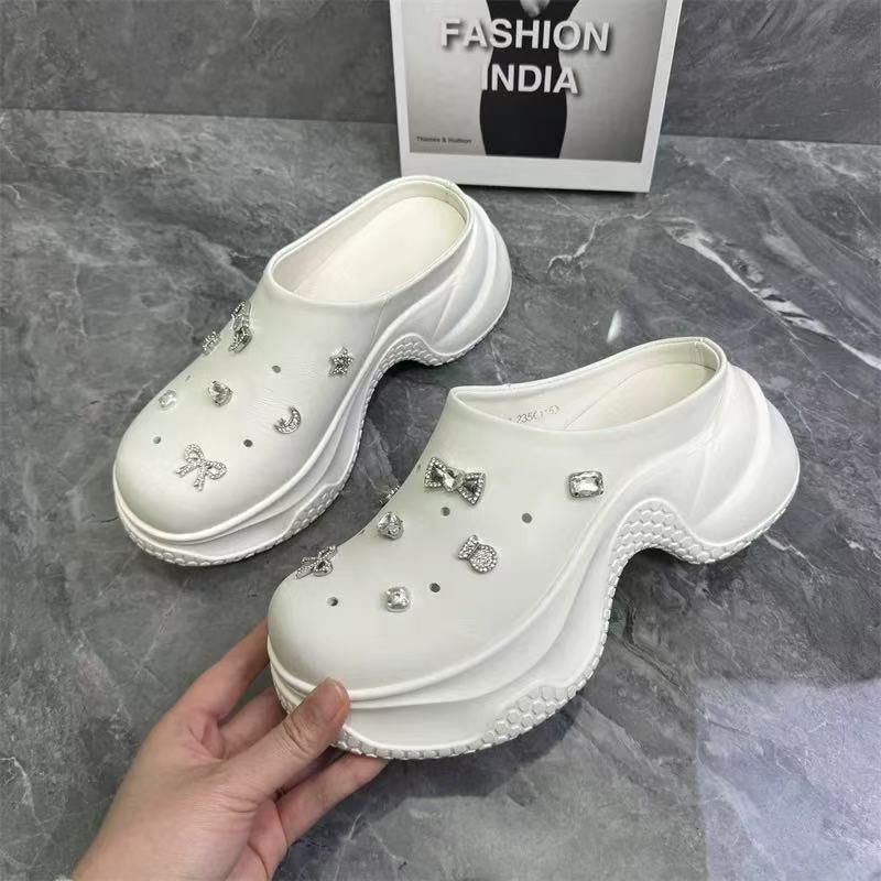 Height increase 7 full leather thick-bottomed bag head half slippers women's summer new versatile niche outer wear diamond sandals