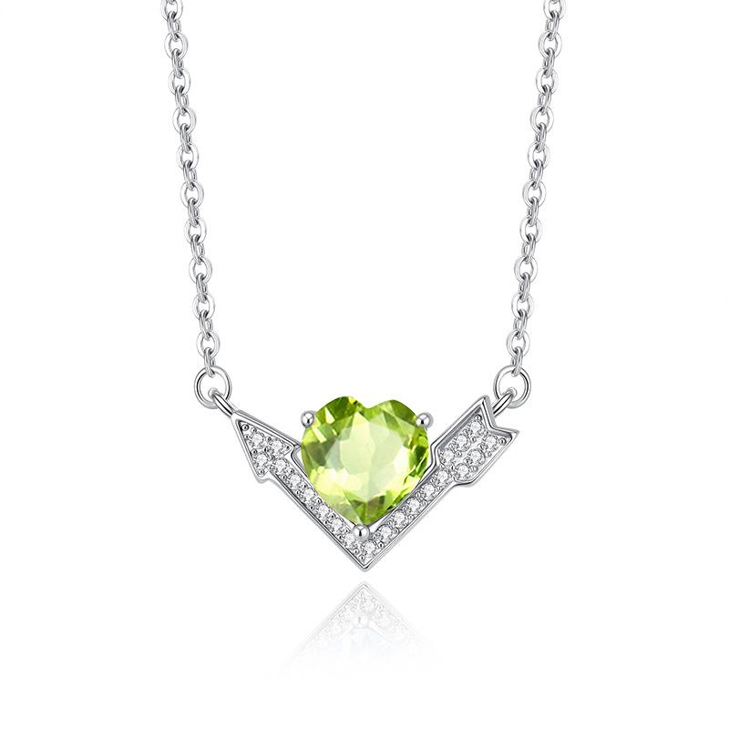 S925 Sterling Silver Arrow Through Heart Necklace Peridot Crystal Stone Cupid Collarbone Chain Valentine's Day Birthday Jewelry Gift for Women