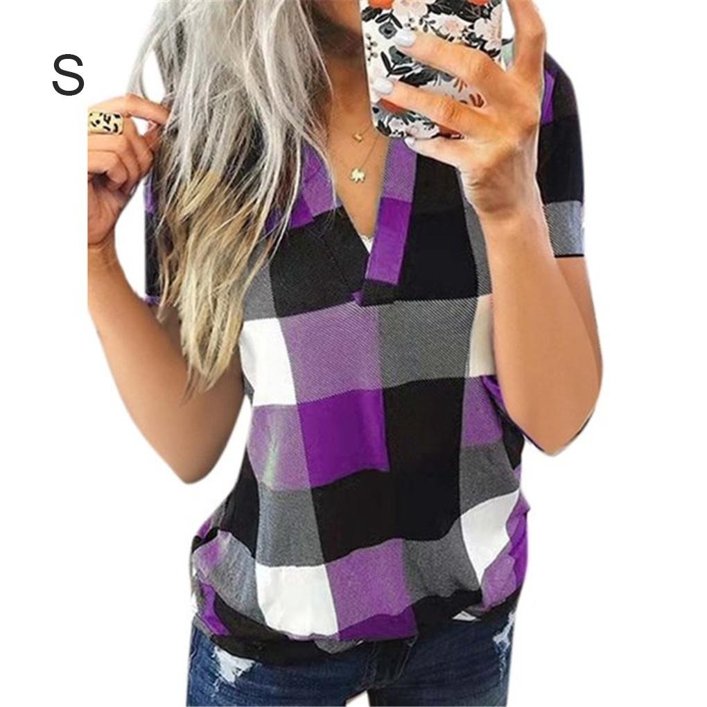 Women T Shirt V Neck Short Sleeve Top Plaid Print Casual Blouse