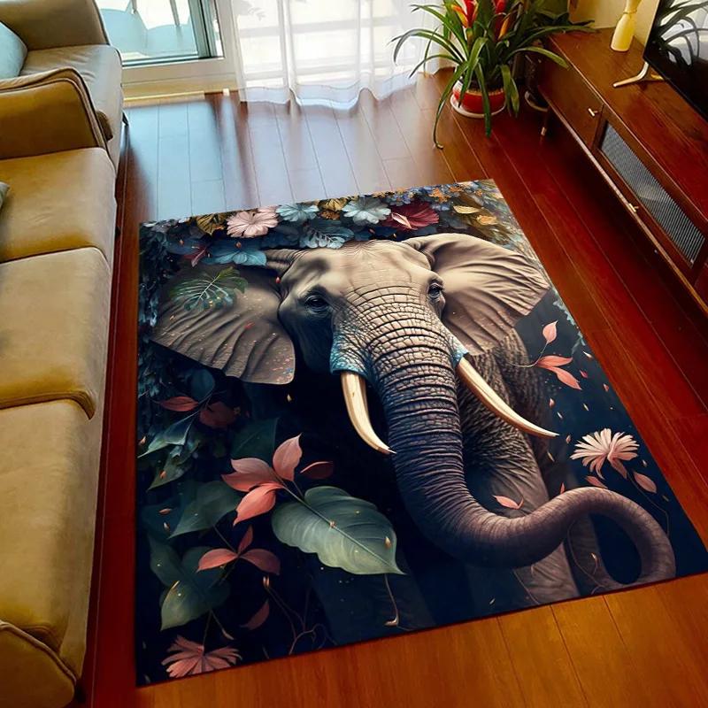 3D Printed Africa Elephant Face Close-up Animals Rugs for Bedroom Home Decor Play Mats Living Room Carpets Non-slip Floor Mats