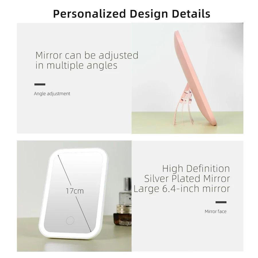 LED Cosmetic Mirror Desktop Portable Square mirror 3Speed Color Adjustment Charging with Light Refill Beauty Grooming Mirror