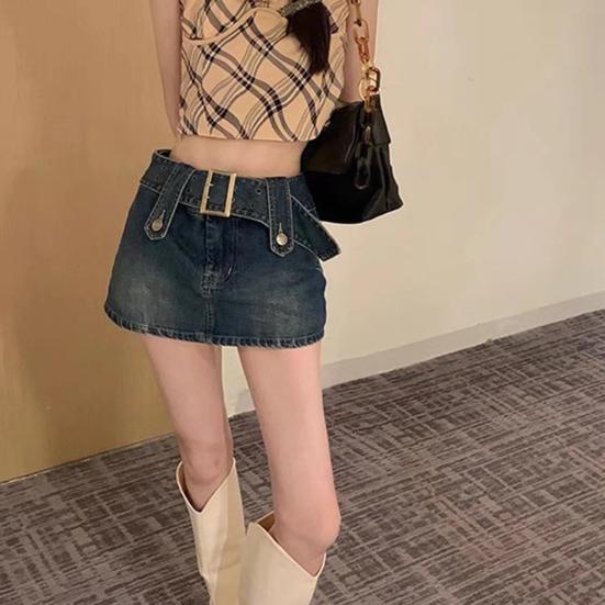 Women High Waist Slim Fit Denim Skort with Belt Solid Color Pockets Ultra-mini Skirt Fashion Accessories