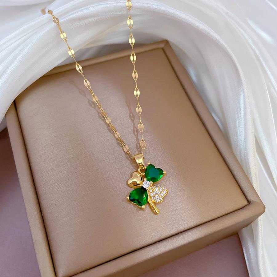 Роскошное титановое стальное ожерелье-подвеска в виде четырехлистного клевера - Элегантный ювелирный аксессуар green&40cm