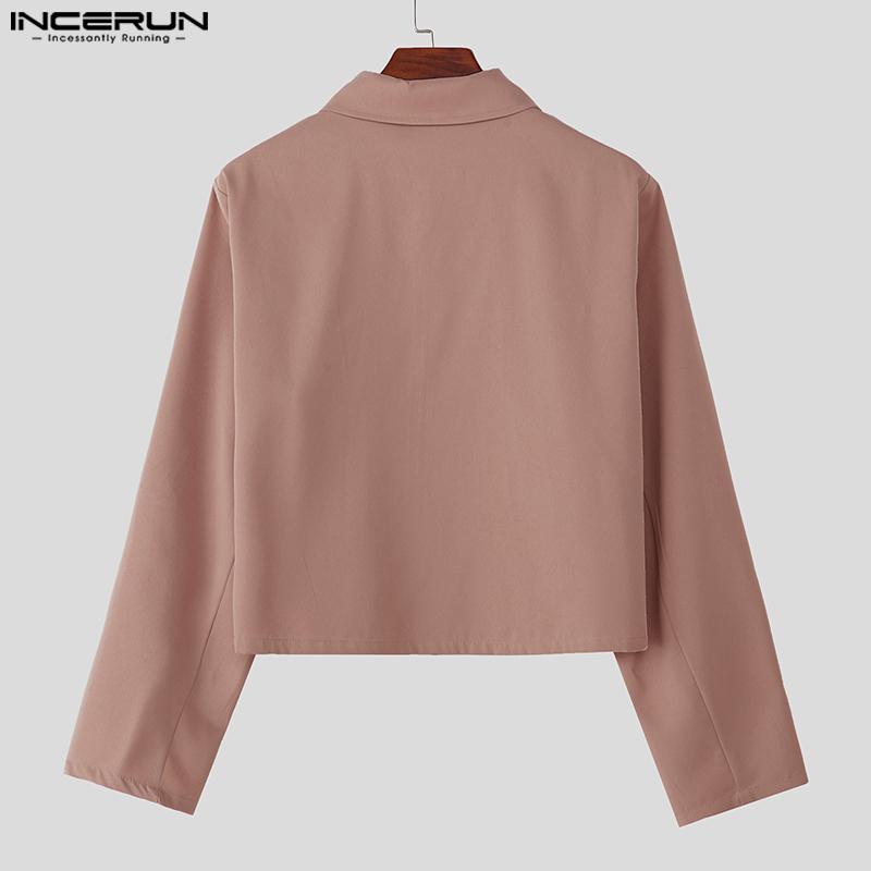 INCERUN Men Lapel Long Sleeve Stitching Zipper Up Cropped Jackets Short Coats