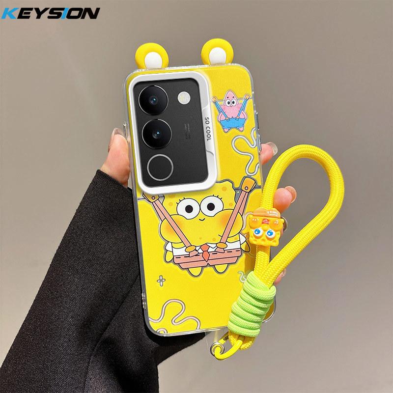 KEYSION Cute Ear Cartoon Case for VIVO V29 5G with Lanyard Soft Silicone+PC Shockproof Phone Back Cover for VIVO V29 5G