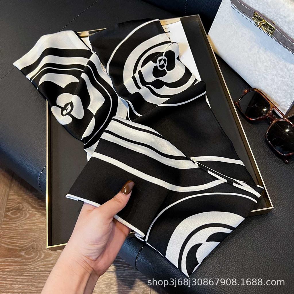Long Silk Scarf Women's New Small Silk Scarf Printing Simulation Silk Tied Bag Streamer Explosion Sweet Little Scarf