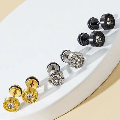 Retro-Rundscheibe mit Han-Chang-Muster, besetzt mit Diamanten, Titanstahl-Steckohrringe für Herren, Edelstahl, Gewinde- und Schraubverschluss