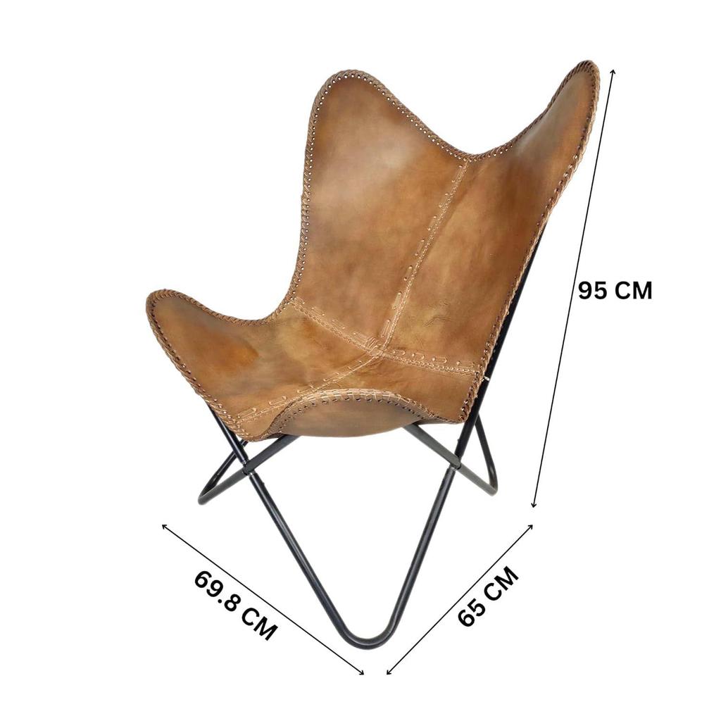 Comfortable Back Rest Living Room Butterfly Chair-Camel Color Folding Leather Armchair with Black Powder Coated Iron Stand