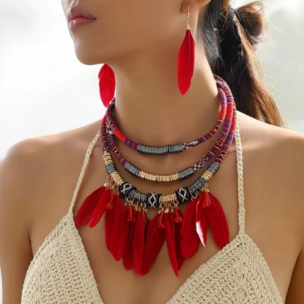 Fashion Feather Tassel Necklace Vintage Ethnic Jewelry Set Bohemian Necklace  Dating Accessories