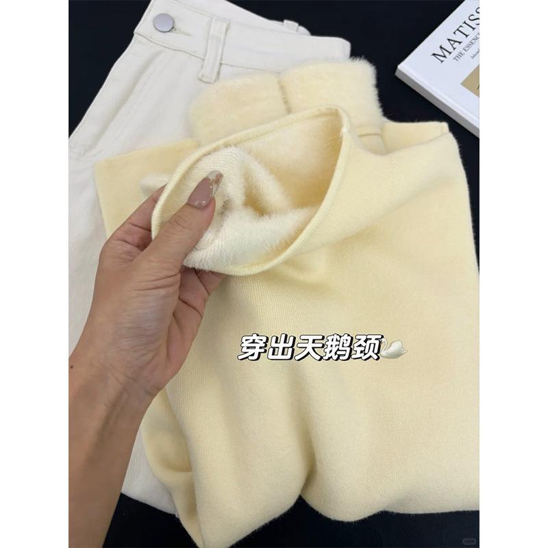 Soft waxy semi-turtleneck sweater women's spring slim-fit pullover knitted inside with integrated thick velvet bottoming shirt, top tide