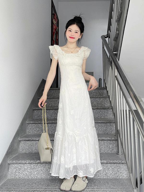 French retro style embroidered lotus leaf edge dress female summer new waist thin a word fairy long dress female student