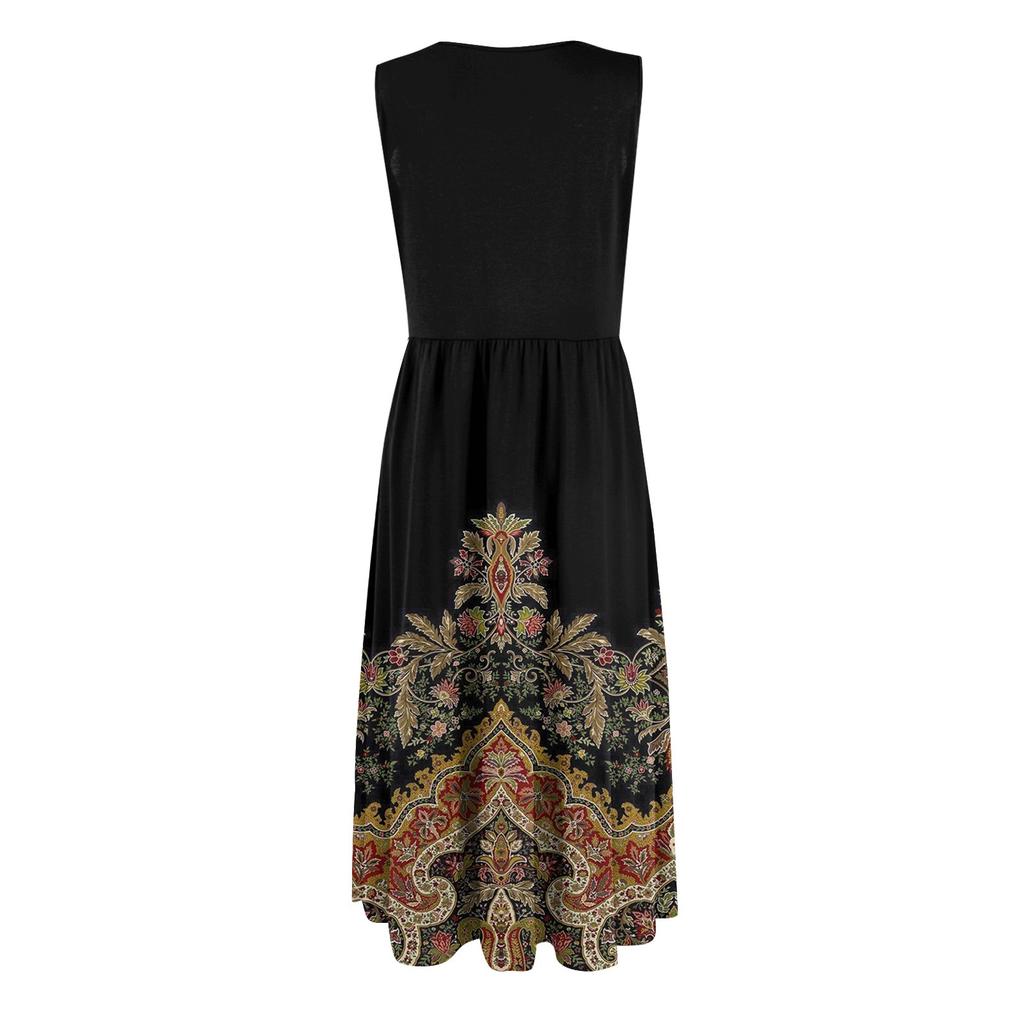 Women's Fashionable Printed Round Neck Sleeveless Casual Pullover Pocket Mid Length Dress