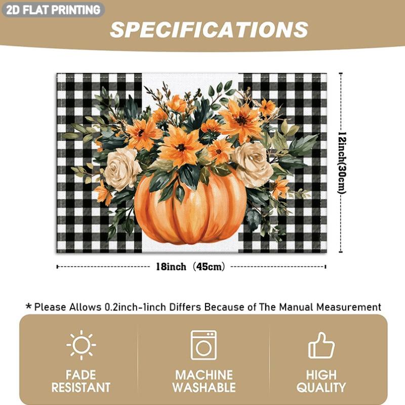 4/6pcs, Black And White Checkered Background, Orange Pumpkin And Floral Pattern Placemats, Suitable for Autumn Holiday Decor, Kitchen Table Decoration