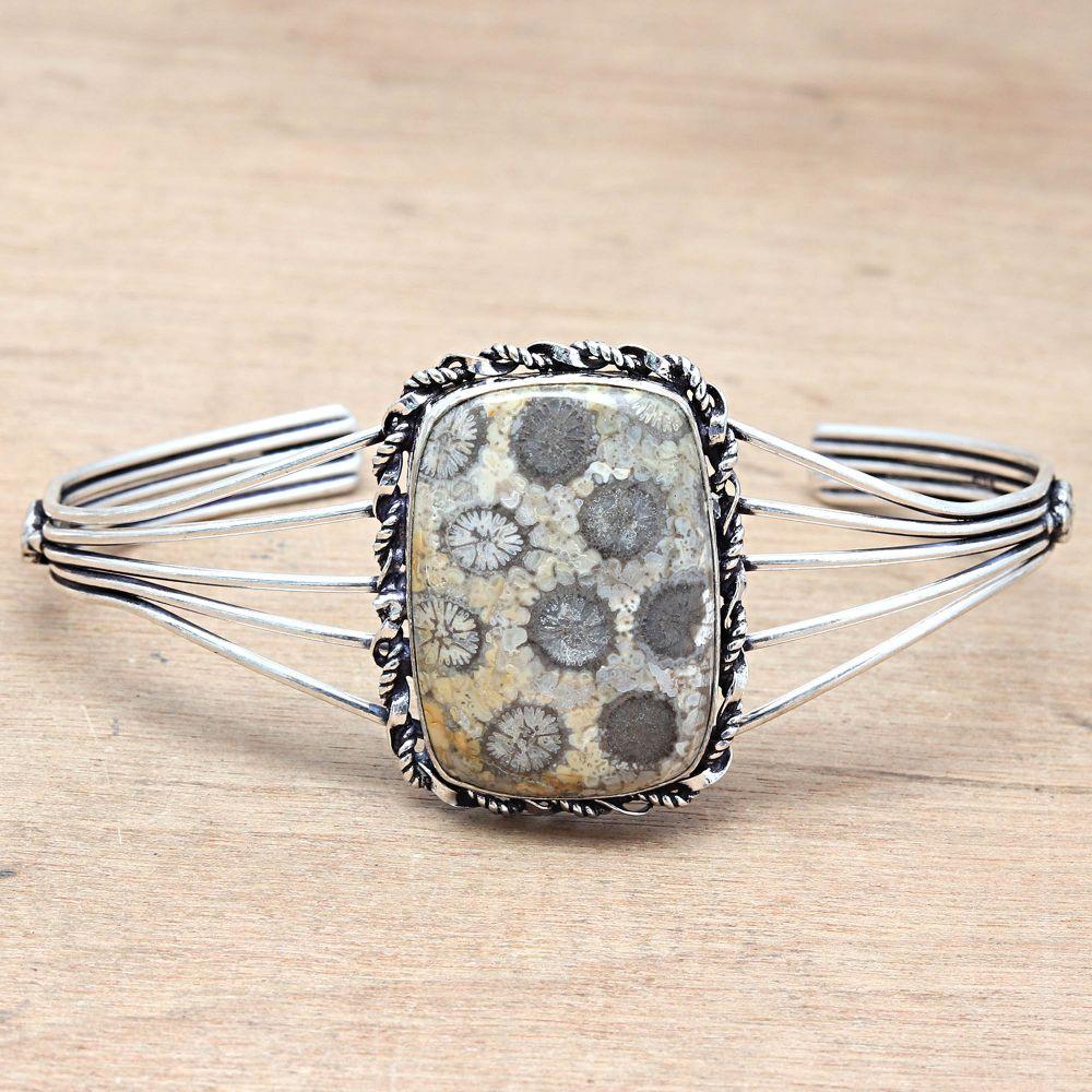 Fossil Coral Gemstone Antique Jewelry Cuff Bracelets 7''Adjustable