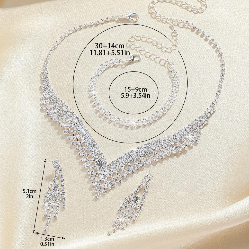 Fashionable Wedding Engagement Gift Bridal Four-Piece Alloy Rhinestone Necklace Earrings Bracelet Ring Set