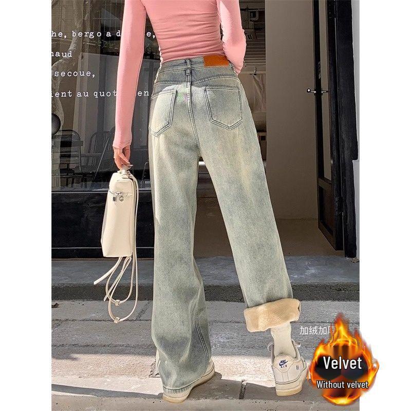 Women's High-Waisted Fleece-Lined Retro Light Blue Wide-Leg Jeans - Winter Slimming Straight Pants