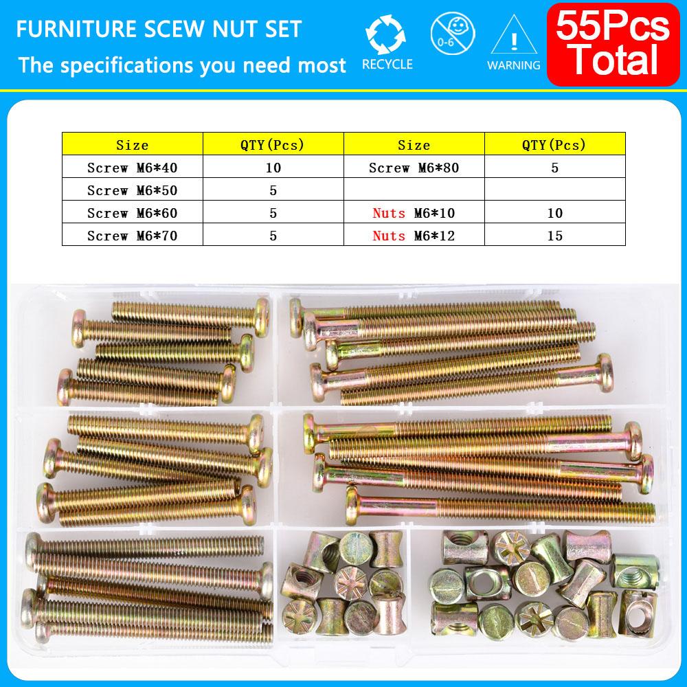 Hexagon Hex Furniture Screw Nut Set Zine M6 Threaded Bolts Phillips Nuts Wood Bed Chair Desk Table Crib Screws Assortment Kit
